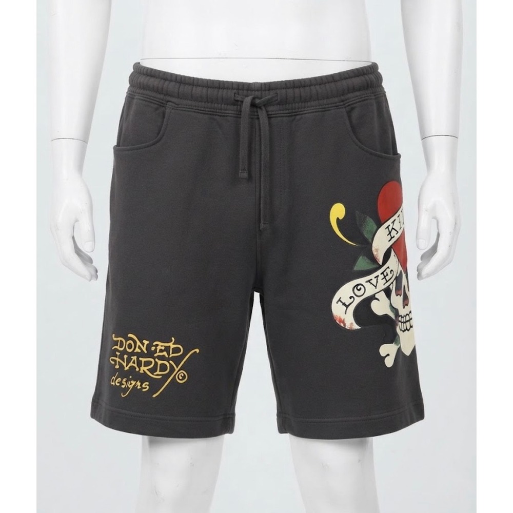 Ed Hardy Mens Love Kills Slowly Skull Sweat Shorts Grey Large Y2K Streetwear